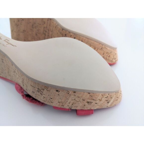 EUC Salvatore Ferragamo Pink Red Grosgrain Ribbon Logo Cork Wedges Size 8.5 - Picture 5 of 9